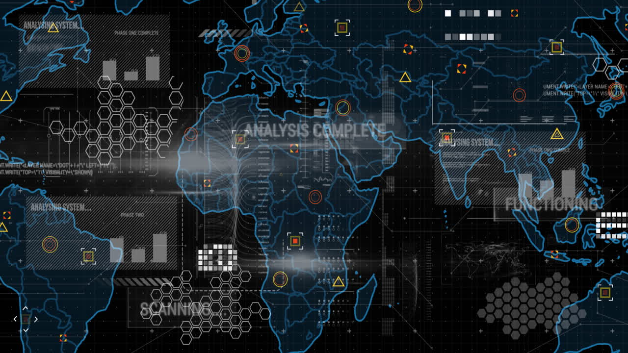 Animation of data processing and world map over black background