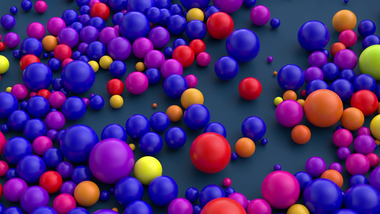 d representación de una superficie plana azul cubierta por bolas azules, rojas, púrpuras y amarillas vibrantes