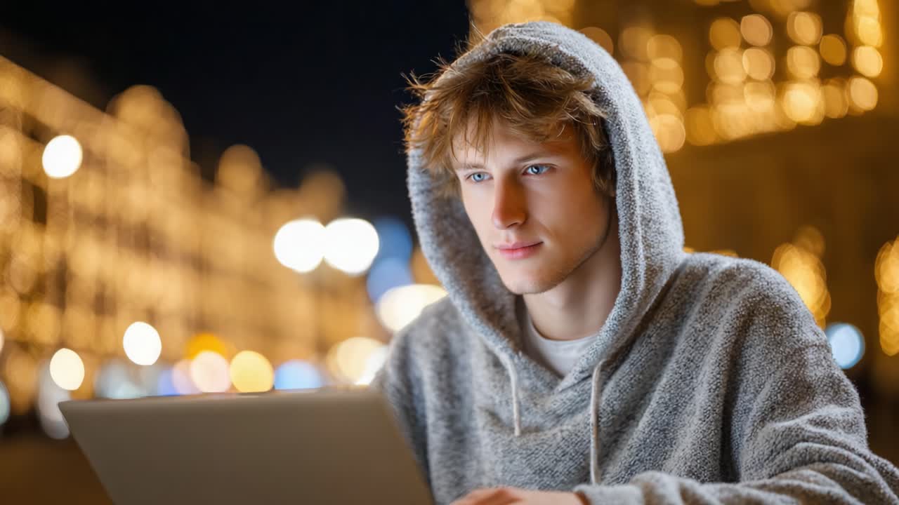 A young individual wearing a cozy hoodie is focused on his laptop while surrounded by enchanting evening lights, creating a warm and reflective nighttime atmosphere
