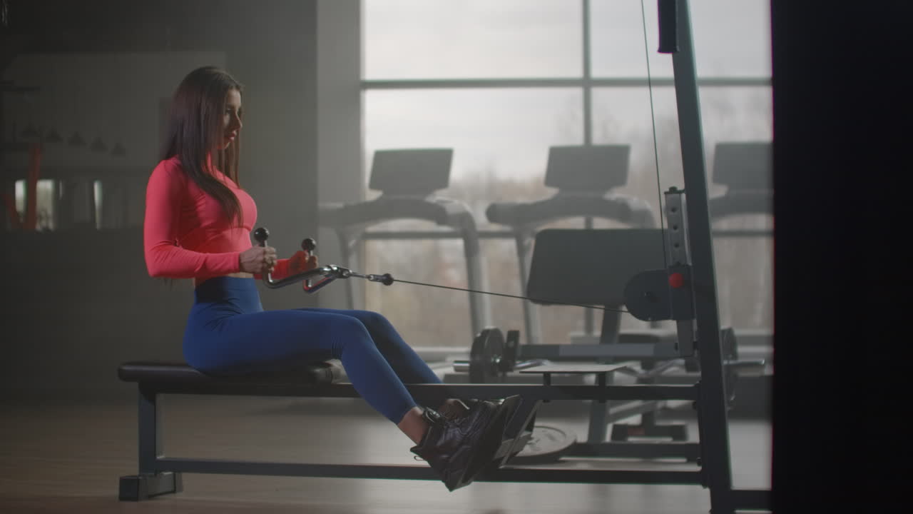 a jovem esportista está treinando suas omoplatas no ginásio. ela está mantendo as costas retas enquanto se exercita. este é um treino de potência para músculos fortes e corpo magro.