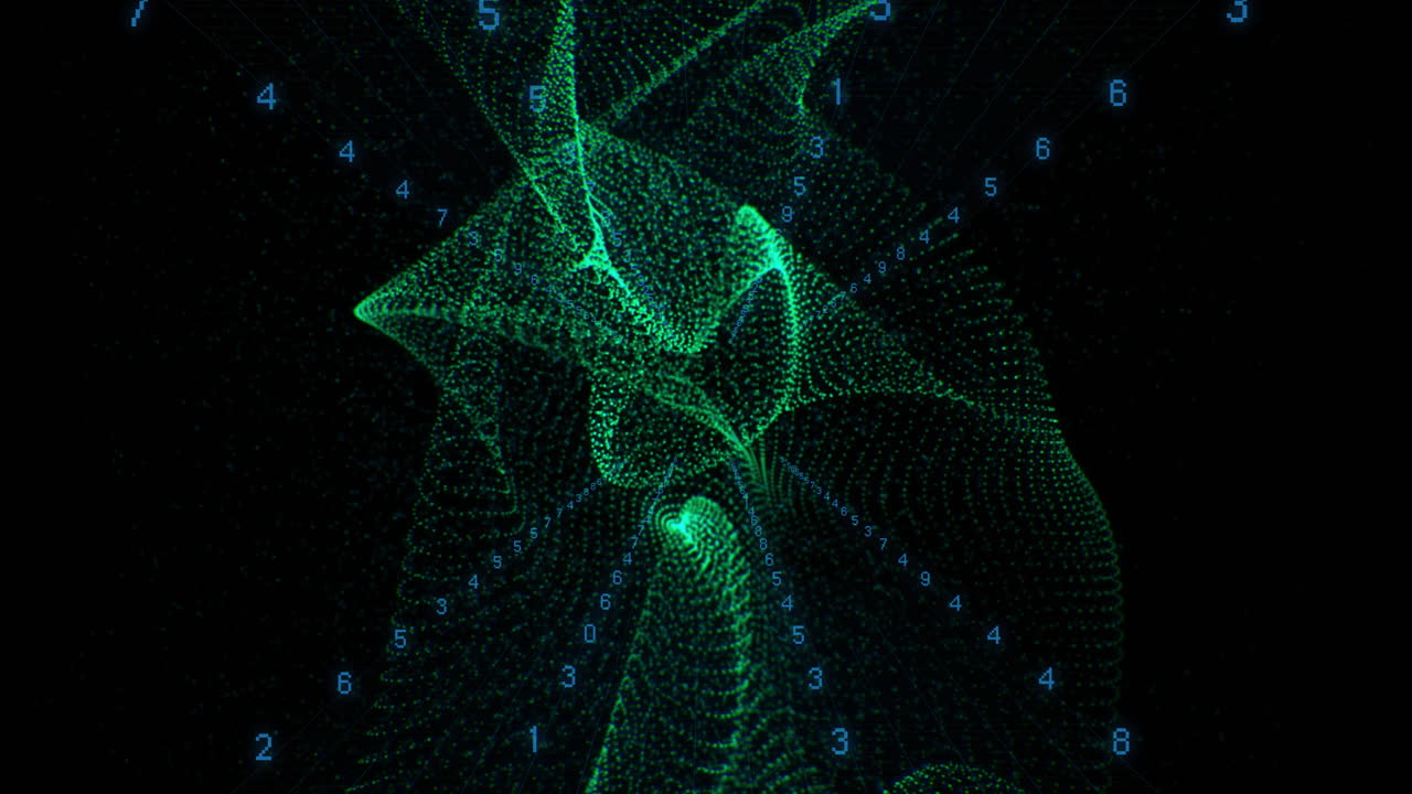 Animation of light trails and data processing over black background