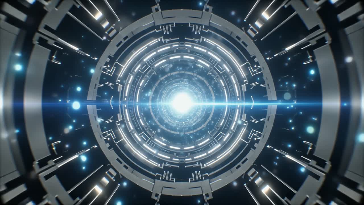 Volando Attraverso un Tunnel Digitale Futuristico con Luci Blu Luminose
