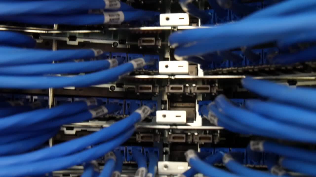 primer plano moviéndose sobre cientos de cables de red azules conectados a un servidor grande