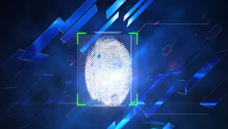 Animation-of-purple-lines-and-fingerprint-over-blue-shapes-on-black-background