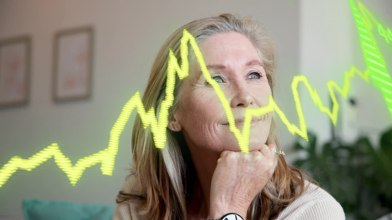 Mature woman resting chin, shifting gaze upward as finance graphs sweeping over face, causing smile