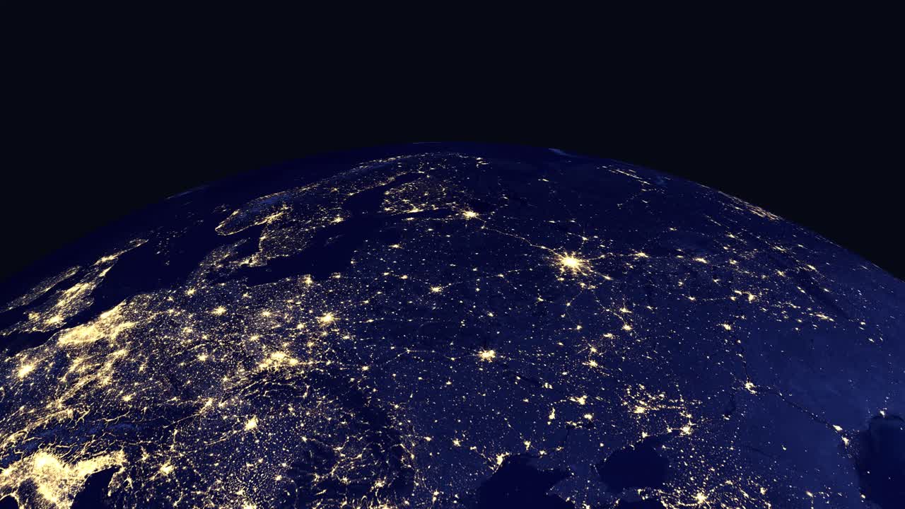 Digital globe rotates and zooms into Northern Europe at night with illuminated city labels