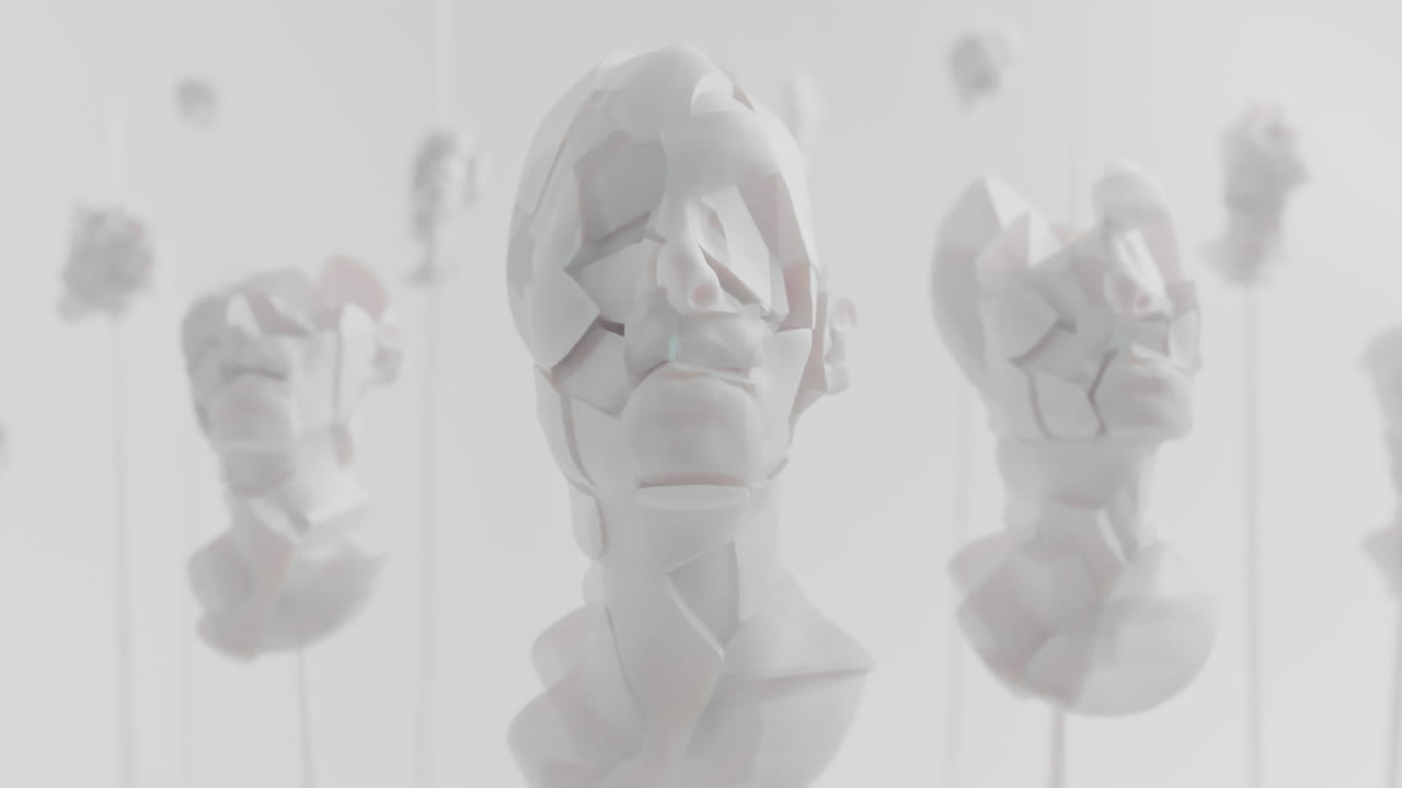 Multiple crushed android heads on spikes in white space