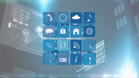 cubo de iconos digitales girando contra la interfaz digital con procesamiento de datos en fondo azul