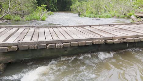 wooden bridge over a river in a forest