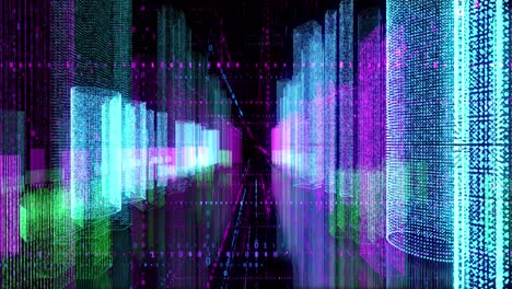abstract digital cityscape of data and binary code