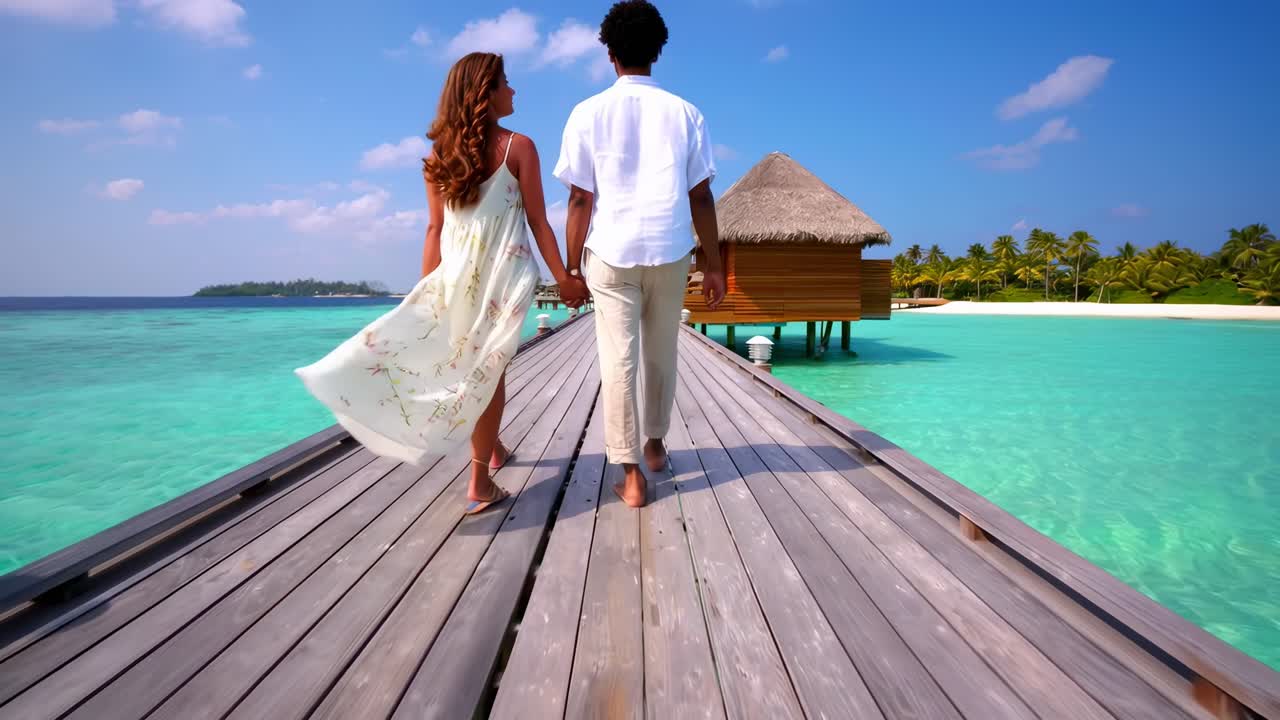 Een stel loopt hand in hand op een pier boven turquoise water