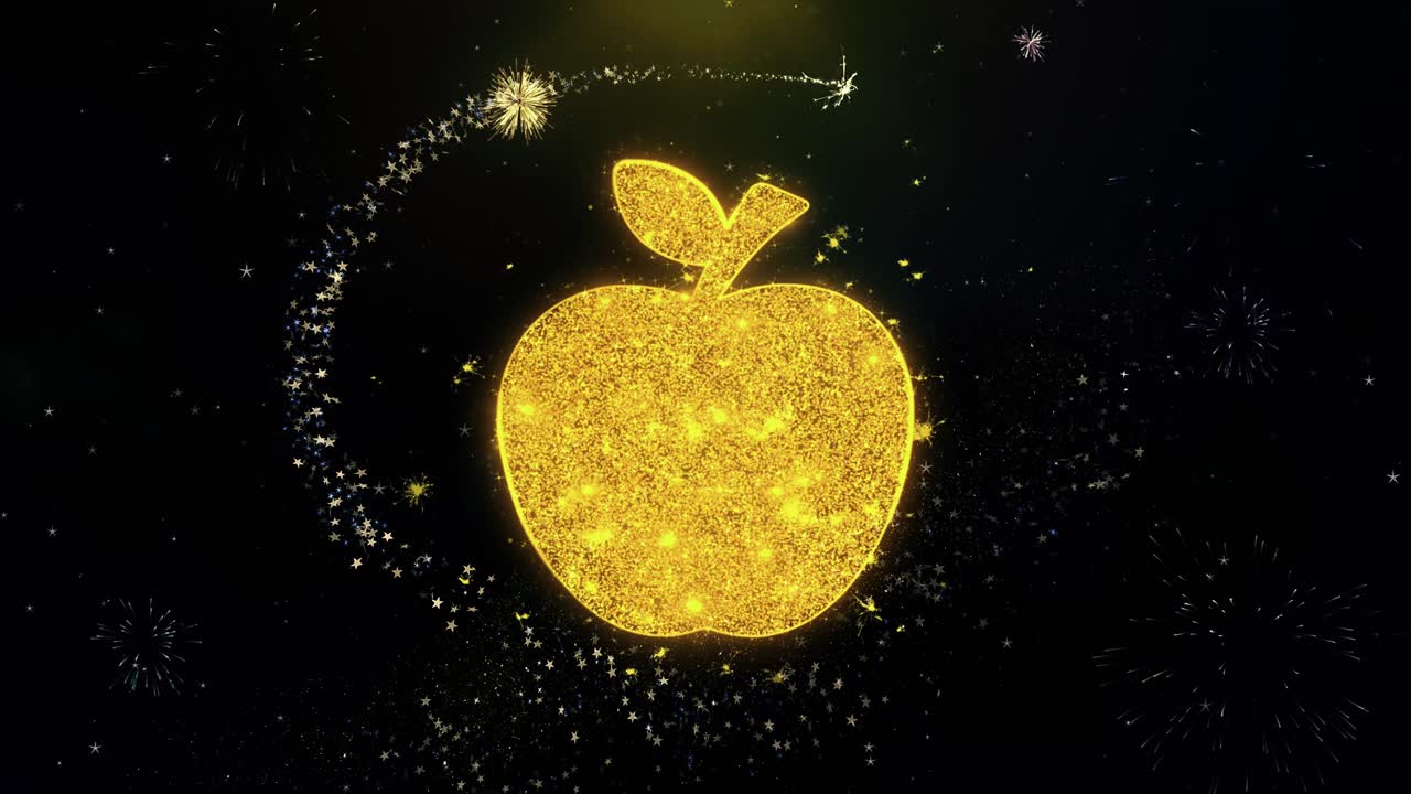 Apple icon on gold glitter particles spark exploding fireworks display object shape text design