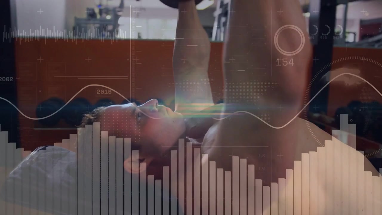 Shirtless man holding weights, doing curls then benching while waveform overlay syncing fitness