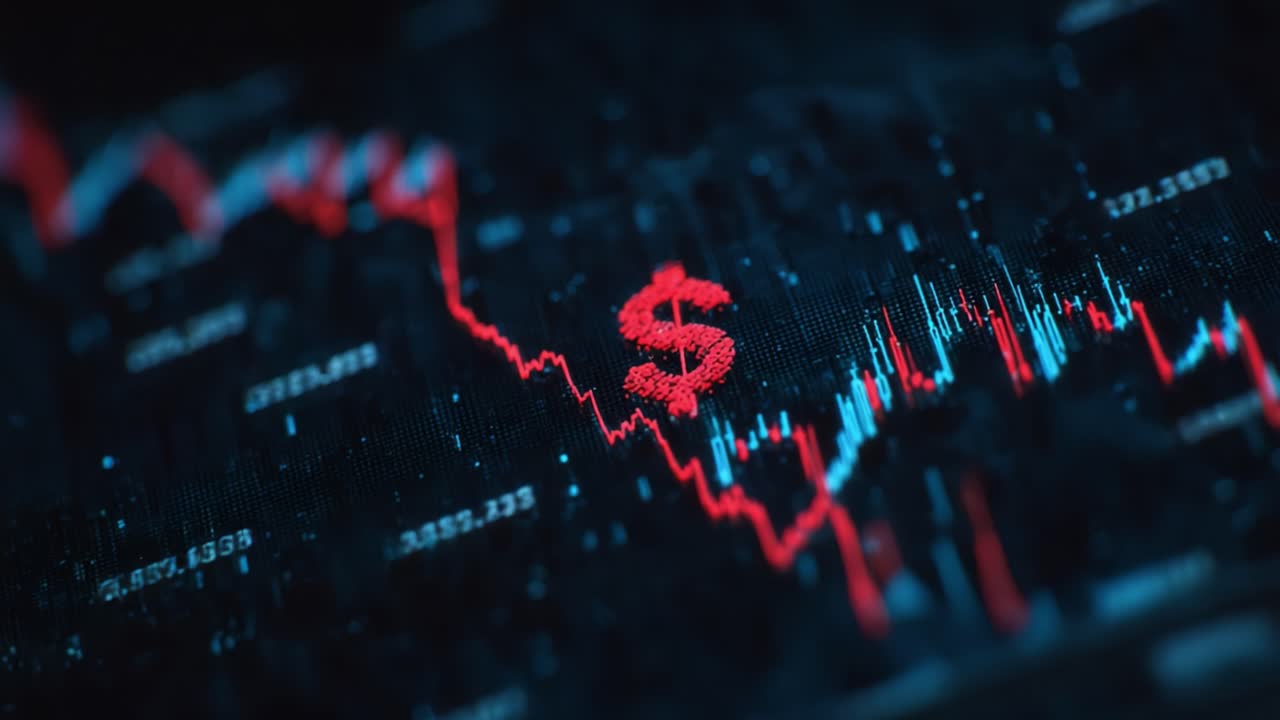 Visual Representation of Financial Market Trends: Analyzing Market Volatility Through Graphs Showcasing Price Fluctuations and the Symbol of Currency in Red Highlights