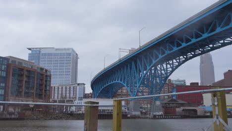 cleveland skyline with burton memorial bridge or main ave bridge in forground