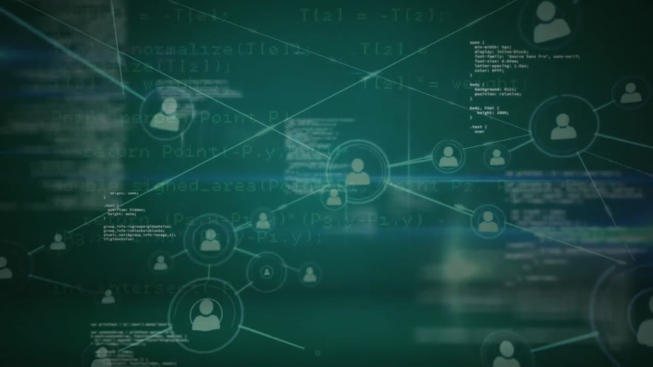 animación de la red de conexiones con iconos de personas y procesamiento de datos a través de la red