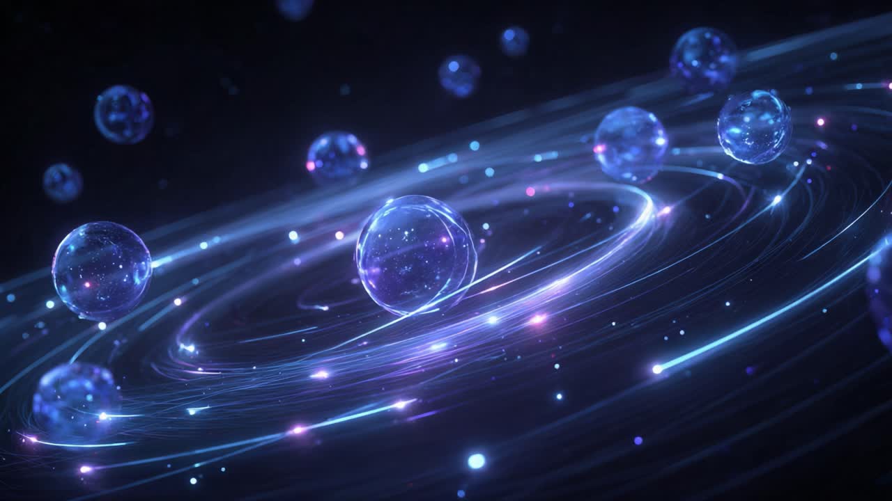 Abstract futuristic background with glowing spheres and neon light trails flying through the dark cosmos, representing concepts of multiverse, quantum physics, and alternate realities