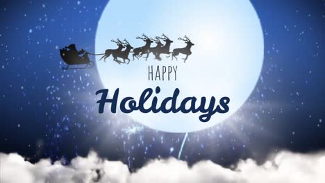 reindeers pulling sledge and globe against happy holiday sign 4k