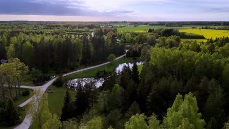 a drone surveys spring countryside where a mirrorlike pond sits among mixed forest and bright crop fields, winding gravel roads threading the scene as soft evening light adds calm atmosphere