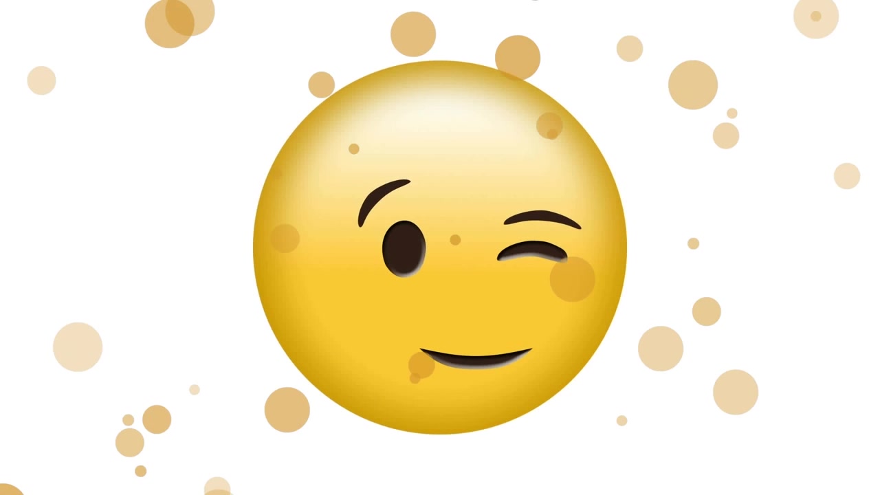 Emoji ammiccante animata con particelle fluttuanti e forme astratte