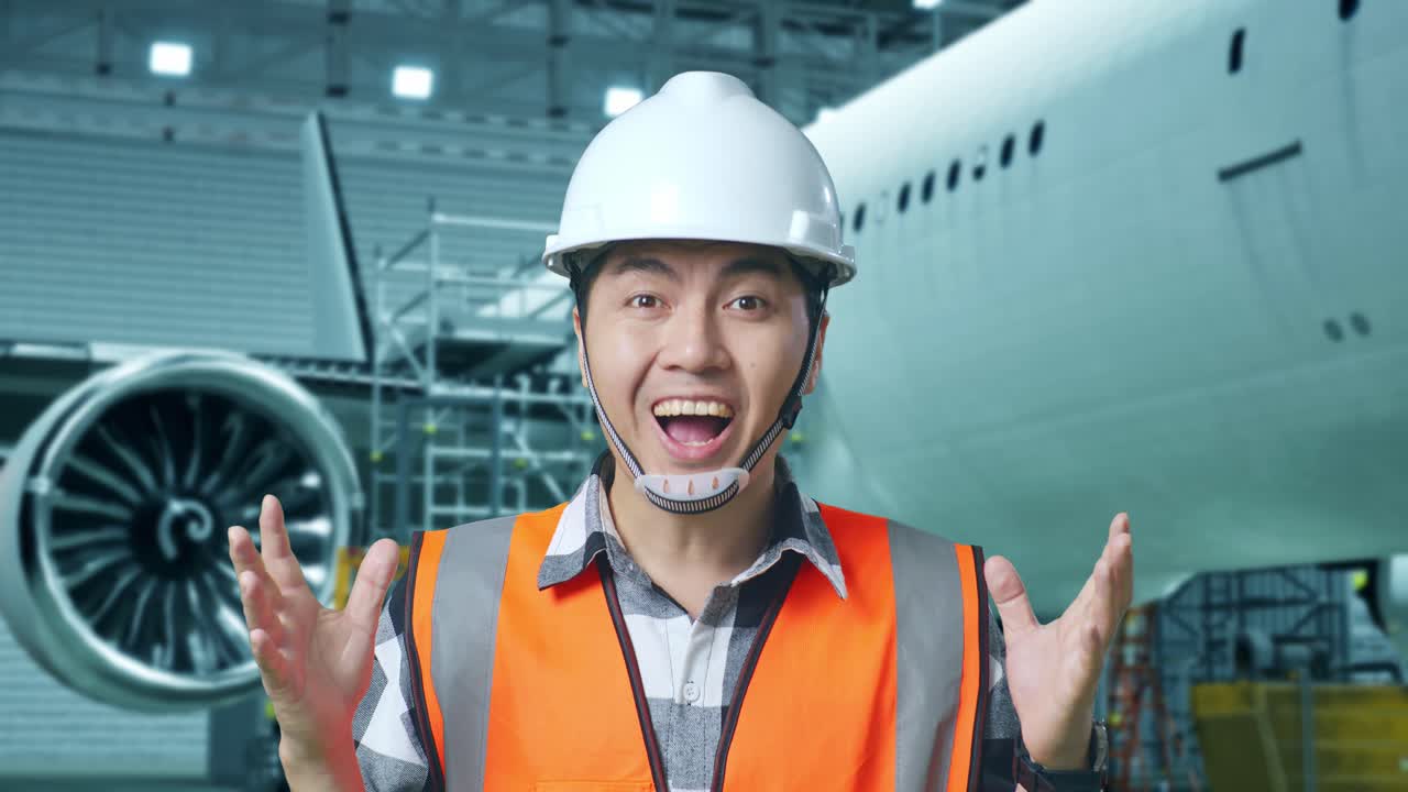 안전 헬을 입은 아시아 남성 엔지니어가 거에 있는 항공기와 함께 서서 카메라에 미소 짓고 항공기 유지보수 중에 와우라고 말합니다.