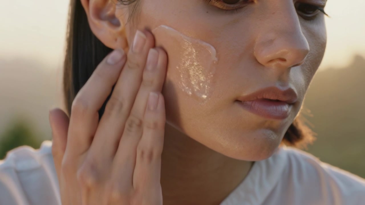Raising jar woman dabbing cream onto cheek smoothing rubbing on terrace hydrating skin white blouse