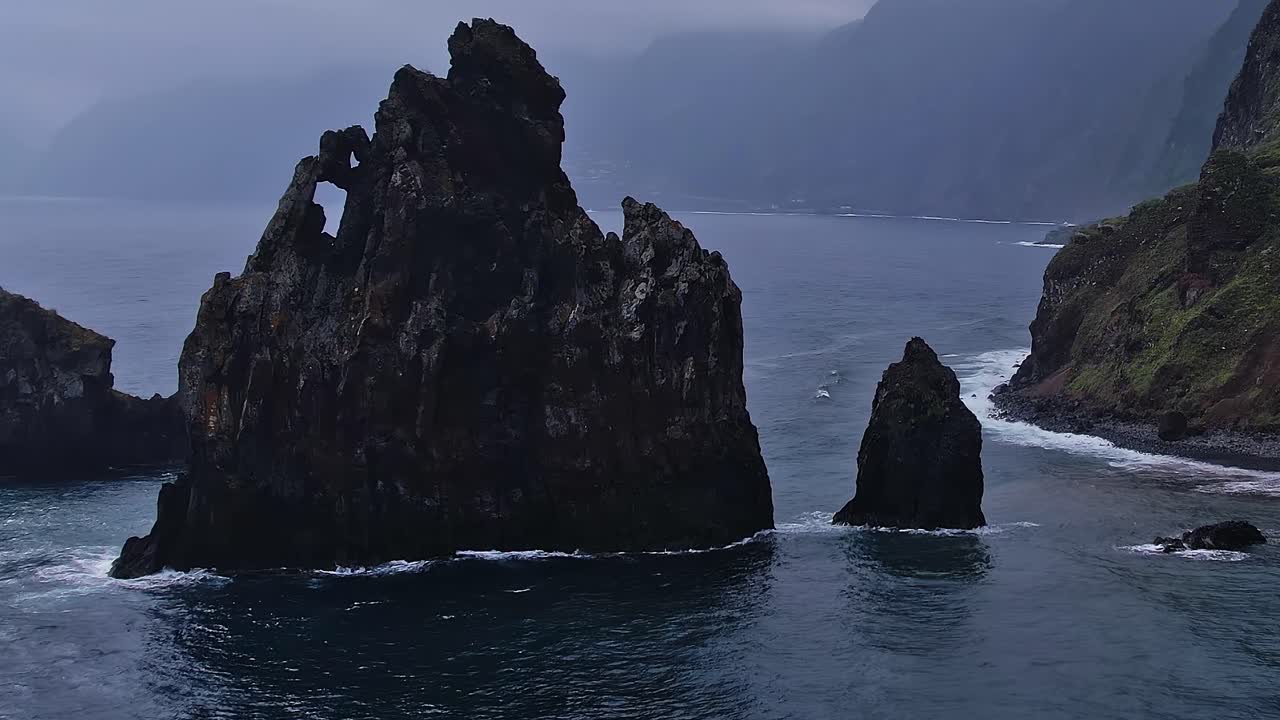 Dramatic aerial view of rugged coastline near Porto Moniz in Madeira