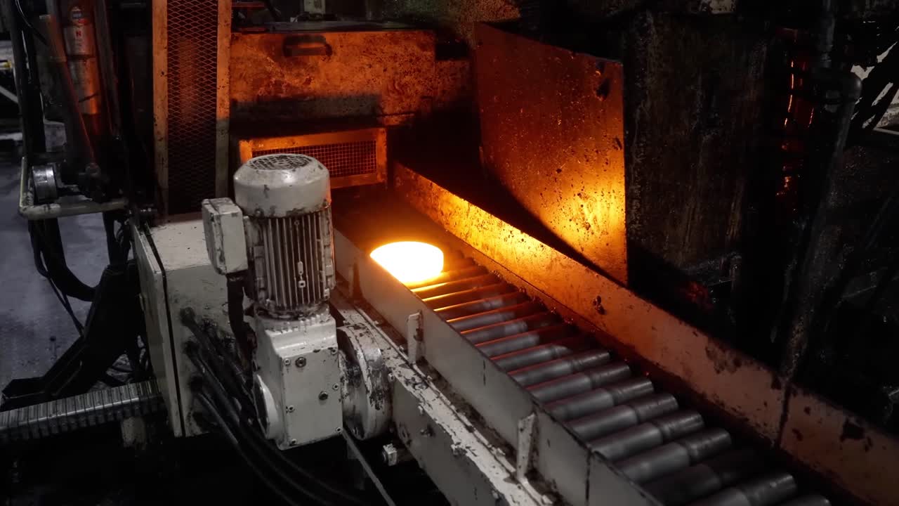 Dischi metallici incandescenti che emergono da un forno di riscaldamento e viaggiano lungo un trasportatore a rulli verso una stazione di forgiatura