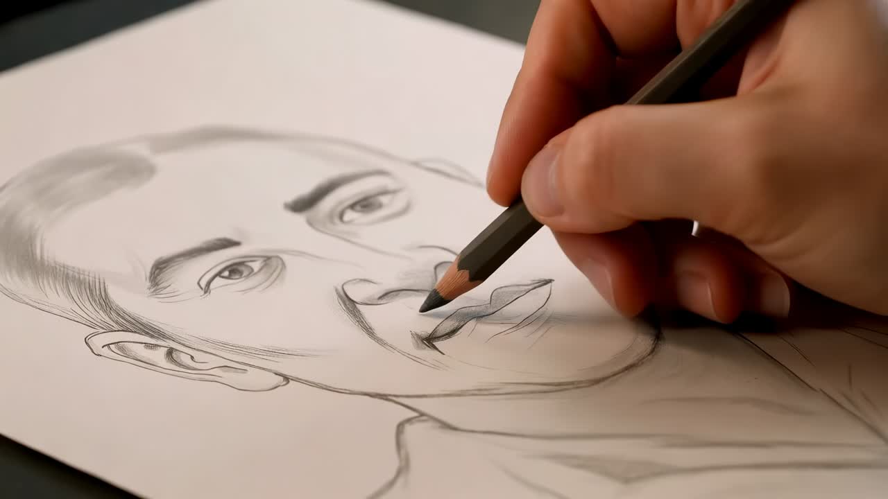 Pencil touching white paper on dark table, artist hand shading lip and nostril adding contrast