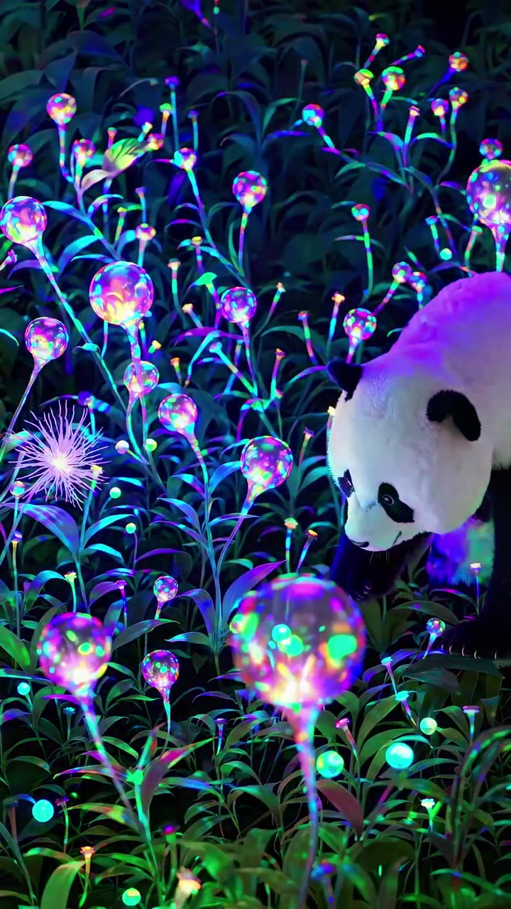Panda gigante che cammina attraverso una foresta magica e luminosa