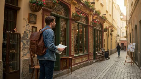 exploring a charming historic alleyway, a traveler pauses to admire the beautiful architecture and local artistry in a picturesque european setting