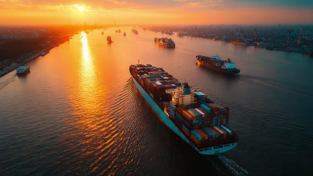 A Majestic Sunset Over the Shipping Channel with Cargo Ships Silhouetted Against a Glorious Sky, Creating a Stunning Maritime Scene of Industry and Nature