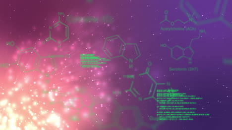 Chemische-Strukturen-Und-Datenverarbeitungsanimation-über-Farbenfrohem-Abstraktem-Hintergrund