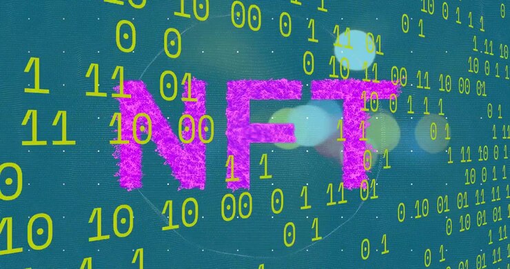 Animation of pink nft text and data processing over blue background