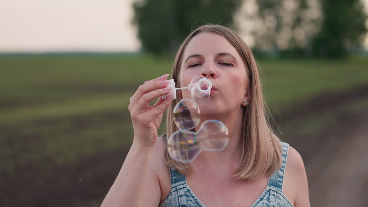 close up of young woman blowing translucent soap bubbles with white wand and pink fingernails against blurred green farmland and dirt track under soft pastel sky