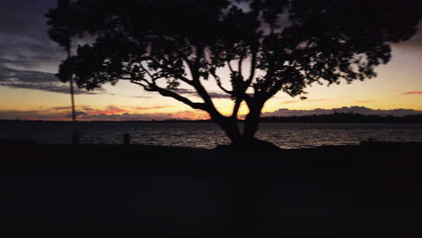 Driving-past-the-sea-during-colorful-sunset,-road-trip-in-New-Zealand,-slowmo