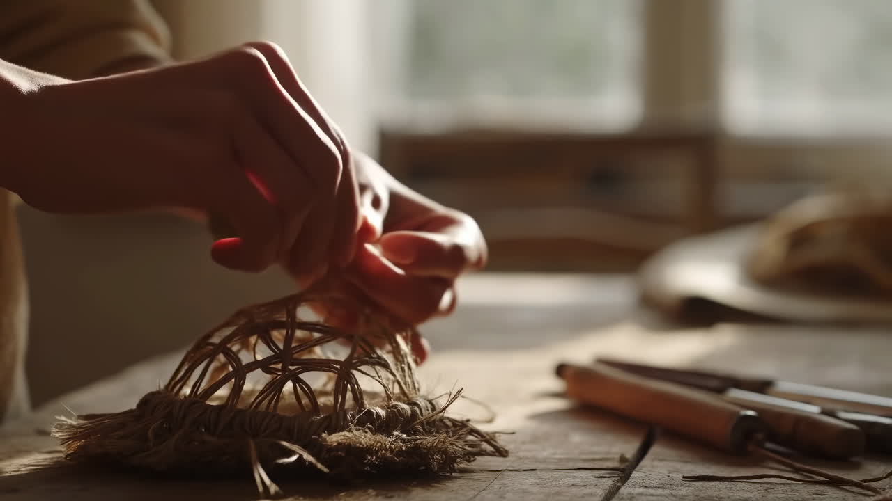 Primo piano di mani che intrecciano fibre naturali su un tavolo rustico