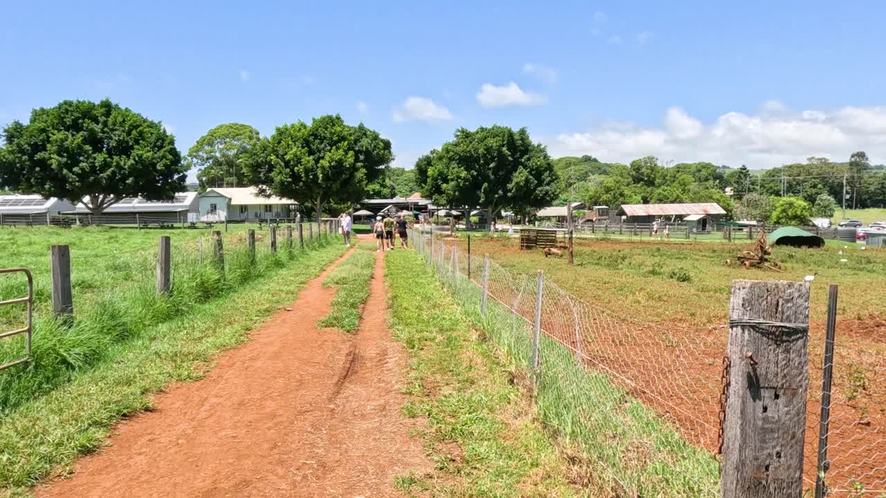 농장 문이 열리고 걸어가고 있습니다.