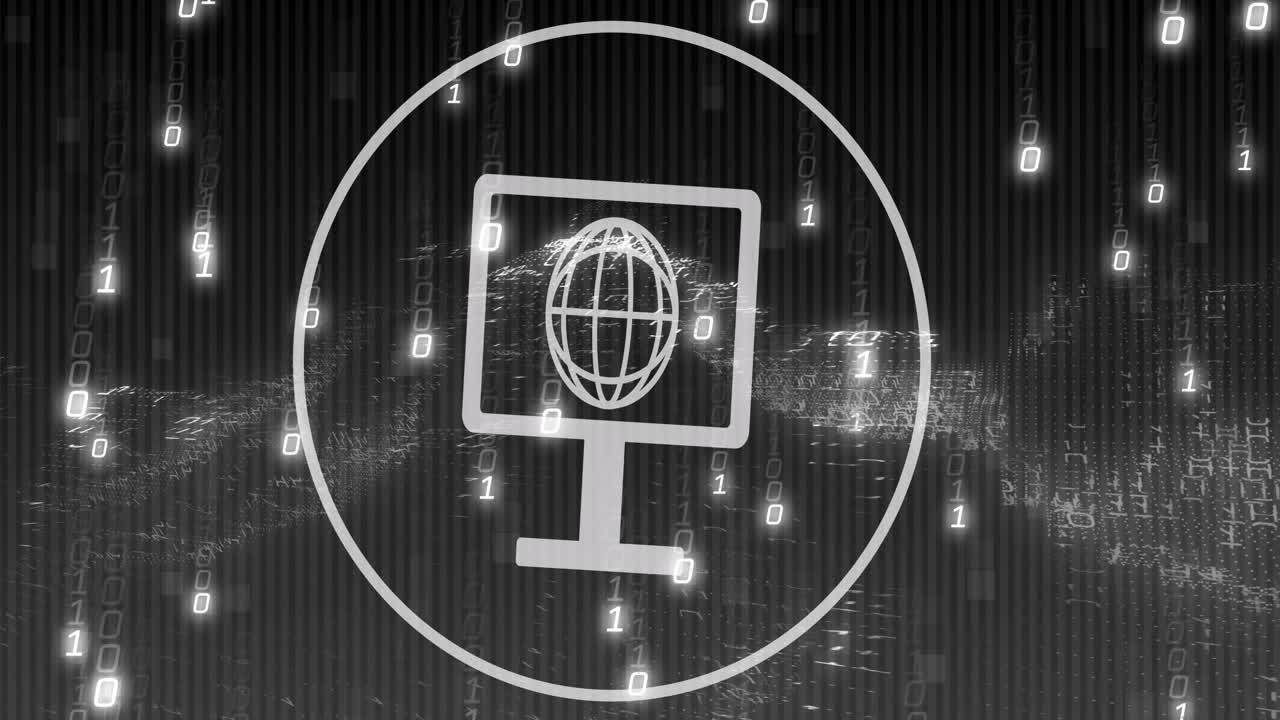 Animation of screen with globe icon, digital mesh and binary coding and data processing