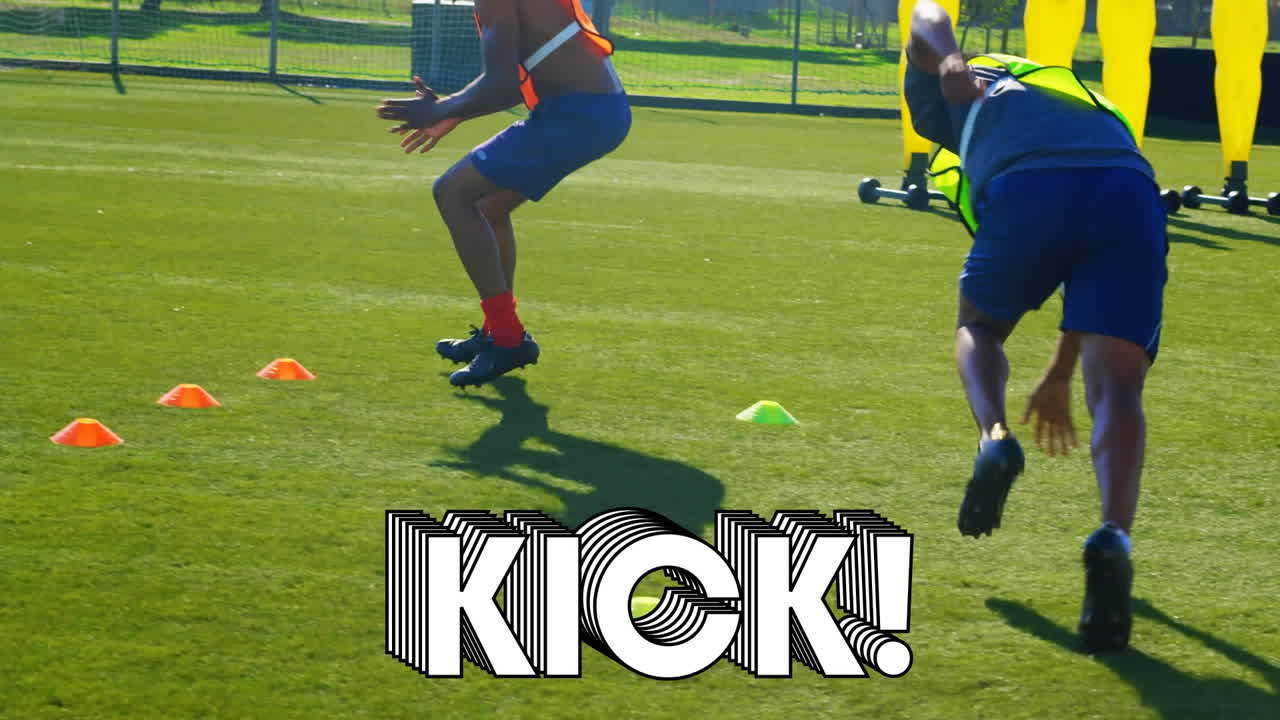 Animation of kick text over football players on the pitch