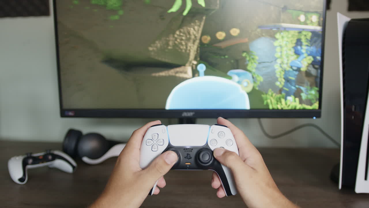 ragazzo che prende il suo controller ps5 per iniziare a giocare sulla sua playstation 5 nel pomeriggio, medio pov