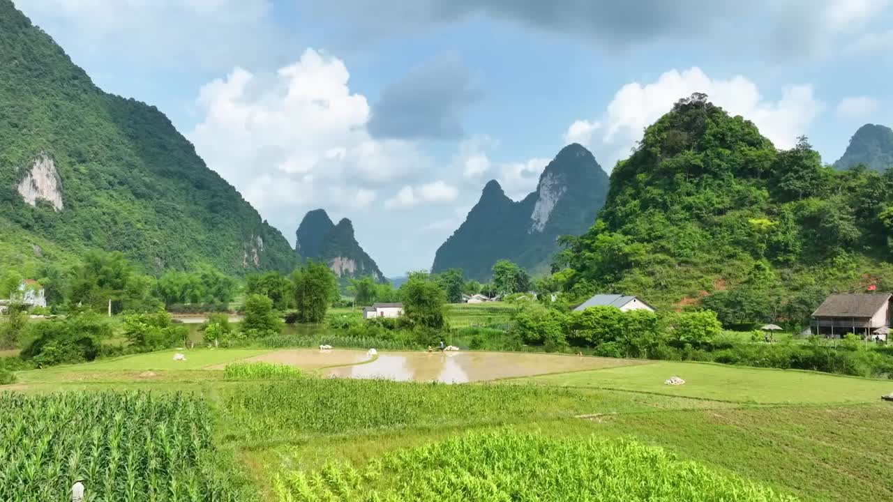 Drone view of farmland and scattered houses surrounded by karst mountains, ideal for concepts of agriculture, remote living, rural tourism, and Southeast Asian landscapes.