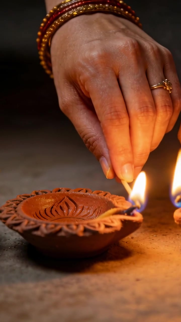 Video verticale: Mano di donna con braccialetti che accende lo stoppino di una diya su un tavolo usando un fiammifero per la puja.