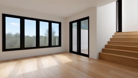 empty modern room with wooden staircase and large windows