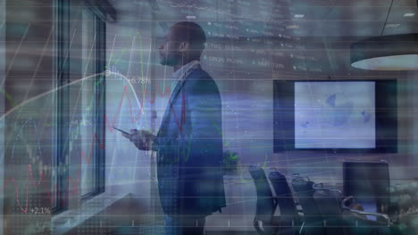 animation of financial data processing over african american man using tablet