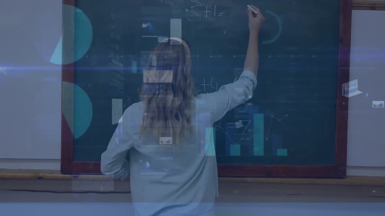 animación de gráficos y datos sobre maestras caucásicas escribiendo en la pizarra
