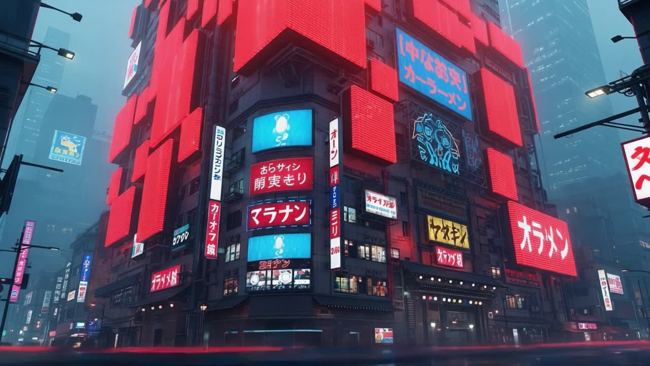 A Vibrant Neon Cityscape: An Urban Exploration of Futuristic Architecture and Colorful Billboards in a Dynamic and Lively Environment