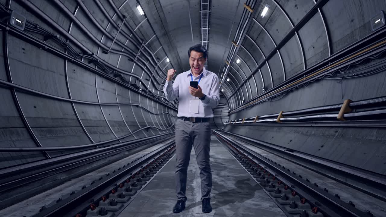 Full Body Of An Asian Male Professional Worker Standing With His Smartphone In Underground Subway Tunnel, He Raises His Fist Up With Screaming Goal