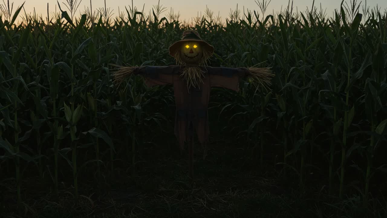 A Mysterious Scarecrow Stands Guard in a Cornfield at Dusk, Its Glowing Eyes Emanating an Eerie Presence Amidst the Tall Green Stalks