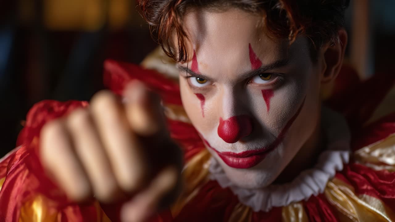 A dramatic close-up of a clown, featuring intense expressions and vibrant makeup, highlighting the duality of playfulness and eeriness in the performance art of clowning